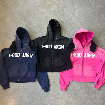 Beli Custom Acid Wash Sun Fading Rivet Rhinestone Dipotong Box Fit Zip Up Hoodie Baju Berat 400gsm online manufacture