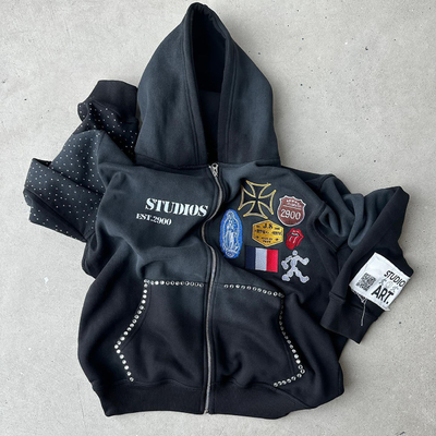Beli oversized rhinestone hoodie hitam biru Heavyweight Hoodie Vintage Stone Wash Desain online manufacture