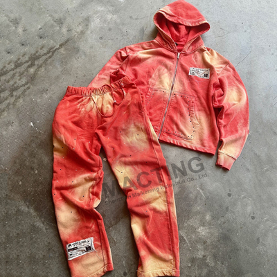 Beli Vintage Sun Fading Acid Wash Tracksuits Custom Rhinestone Distressed Hoodie Dan Sweatpants Set online manufacture