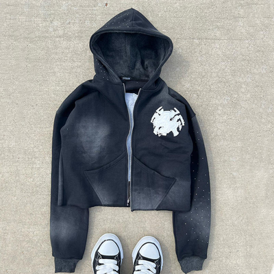 Beli Zip Up Asam Cuci Hoodies Distressed bordir aplikasi Custom Perancis Terry Crop Top online manufacture
