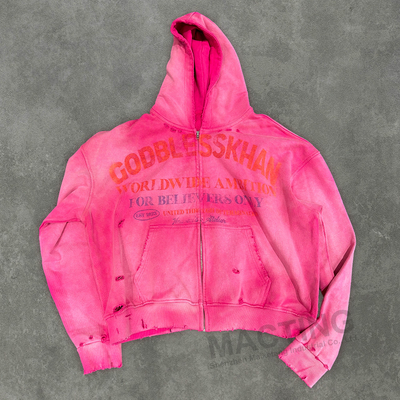 Beli Custom 500 Gsm Heavyweight Distressed Hoodie Zip Up untuk Pria / Unisex di Musim Gugur online manufacture
