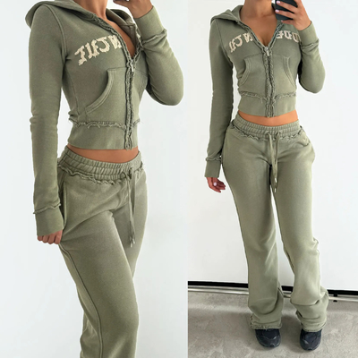 Beli Custom bordir Acid Wash Tracksuits untuk Wanita 100% Pakaian Sweater dan Set Hoodie Kotak online manufacture