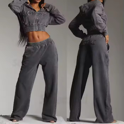 Beli Custom Wanita Sweatsuit Acid Wash Zip Applique Distressed Bordir Patch Potong Hoodie dan Sweatpants online manufacture