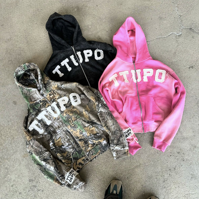 Beli Pria Custom Zip Up Hoodie dalam gaya Vintage dengan Camo Distressed bordir online manufacture