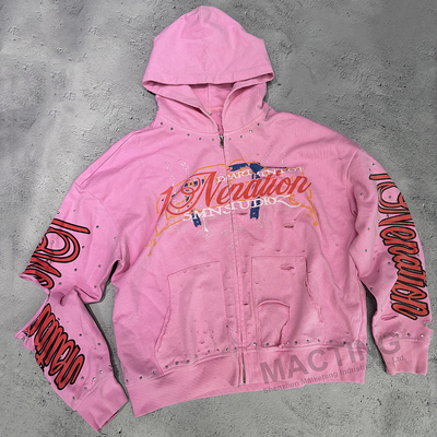 Beli Custom Rhinestone Dipotong 100% Baju 500 Gsm Heavyweight Zip Up Vintage Dipotong Miskin Asam Cuci Hoodie online manufacture