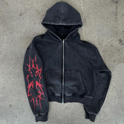 Beli Custom Logo Screen Print Distressed No Drawstring Double Zip Up Acid Wash Berat Berat Kotak Potong Hoodie Pria online manufacture