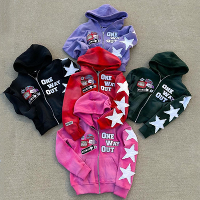 Beli Acid Wash French Terry Hoodie Custom Streetwear Boxy Cuttered Distressed Vintage Embroidery Patch Zip Up Hoodie online manufacture
