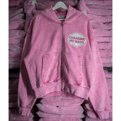 Beli Custom Pink Salju Cuci Ditressed bordir Patch Heavyweight Boxy Fit Drop Bahu 100% Katun potong Zip Up Hoodie online manufacture