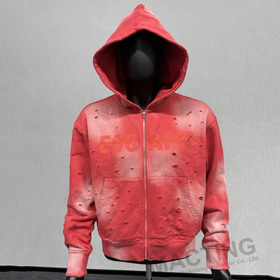 Beli Custom Oversized Acid Wash Sun Fade Ripped Distressed Zip Up Boxy Cut Hoodie online manufacture
