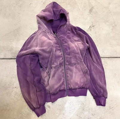 Beli Custom 100% Baju 500 gsm Rhinestone Bead Studded Heavyweight Batu Cuci Matahari Lenyap Zip Up Hoodie online manufacture