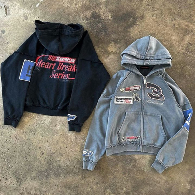 Beli Hoodie Jahitan Reversibel Kustom Applique Bordir Tertekan Cuci Batu Hoodie Zip Up Berkerudung Ganda Besar online manufacture