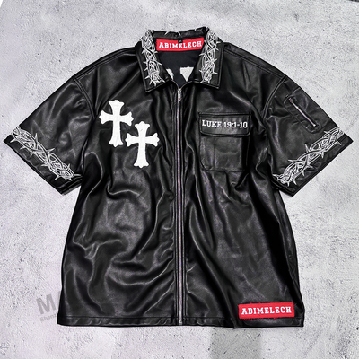 Beli Custom Hip Hop Pria Patch bordir T-shirt Men distressed Zip Up Boxy Fit lengan pendek Pu Kulit T-shirt online manufacture