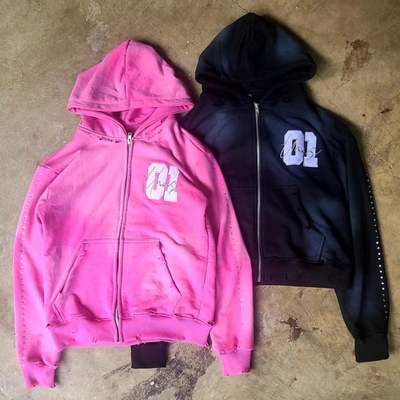 Beli Custom Pria 100% Katun Heavyweight Hoodie bordir Rhinestone Sunwashed memudar Zip Up Hoodie bermasalah online manufacture