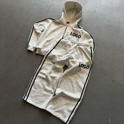 Beli Custom Heavy Cotton Side Strip Cut Box Zip Up Hoodies dan Baggy Sweatpants Set Sweat Suits online manufacture