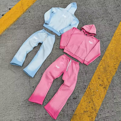 Beli Custom Vintage Jogging Set Zip Up Acid Wash Tracksuit SweatsuitHoodie dan Flared Sweatpants Track Suit untuk Pria online manufacture