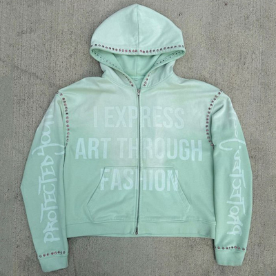 Beli Custom Gemstone Zip Up Heavy Weight Hoodie Vintage Acid Washed Baggy Boxy Fit Dipotong Rhinestone Hoodie online manufacture