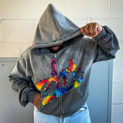 Beli Custom Rhinestone Zip Up Hoodie 450 gsm tebal berat berat Screen Printing Logo Zipper Hoodies Pria online manufacture