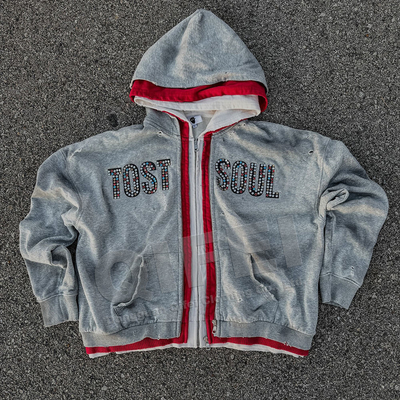 Beli Custom Streetwear Double 3 Zipper Acid Wash Vintage Baggy Boxy Fit Distressed Rhinestone Triple Layer Zip Up Hoodie online manufacture