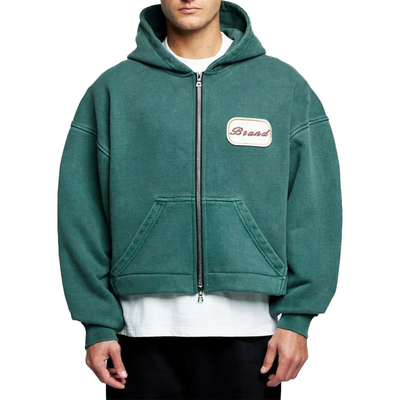 Beli Custom Logo Patch Applique Bordir Heavyweight 600 gsm Hoodie Baggy Boxy Cropped Acid Wash Double Zipper Hoodie online manufacture