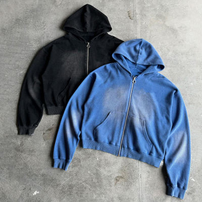 Beli Custom 400gsm Heavyweight Blank Oversized Boxy Fit Zip Up Vintage Sun Fading Acid Wash Waffle Hoodie untuk Pria online manufacture