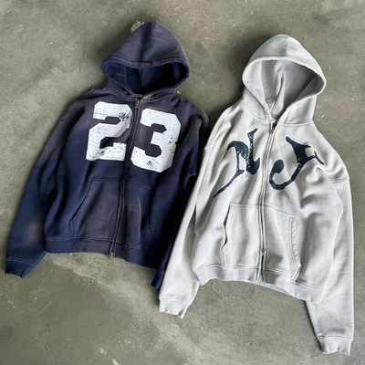 Beli Custom 400 Gsm Oversized Screen Print Hoodie Streetwear Pria Premium Katun Cuci Vintage Double Zip Up Hoodie online manufacture