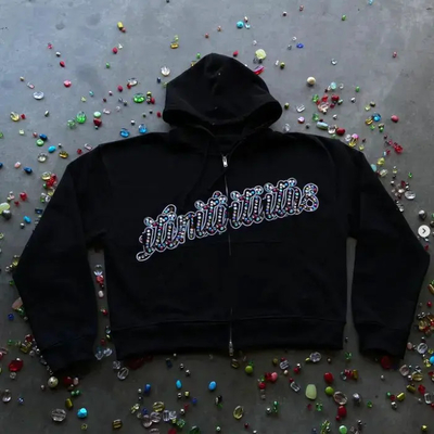 Beli Custom Pria 100% kapas Heavyweight bordir tertekan asam cuci kotak dipotong Zip Up Rhinestone Hoodies untuk pria online manufacture