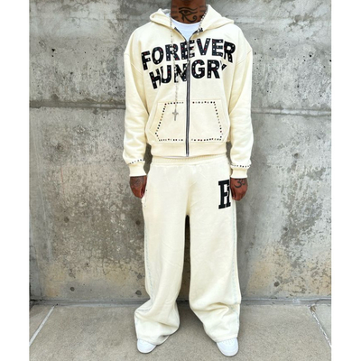 Beli Custom 500Gsm Heavyweight Cotton Rhinestone Cut Box Zip Up Hoodies dan Sweatpants Set Tracksuit Sweat Suits Pria online manufacture