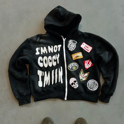 Beli Custom Zip Up Heavyweight Cotton Terry Hoodie dengan Box Fit dan Distressed Patch Bordir Musim Penting online manufacture