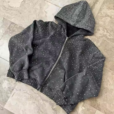 Beli Oem Heavyweight Zipper Hoodie Custom 100% Katun Terry Hoody Sweatshirt Streetwear Rhinestone Zip Up Hoodie untuk Pria online manufacture