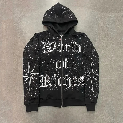 Beli Kualitas tinggi bordir Zip Hoodie berat kapas Perancis Terry Hoodies oversized Custom Zipper Rhinestone Zip Up Hoodie online manufacture