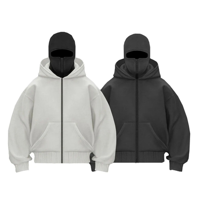 Beli Produsen Batang Heavy Patchwork Double Hood Full Zip Up Balaclava Hoodies Custom Ninja Masked Men Hoodie online manufacture