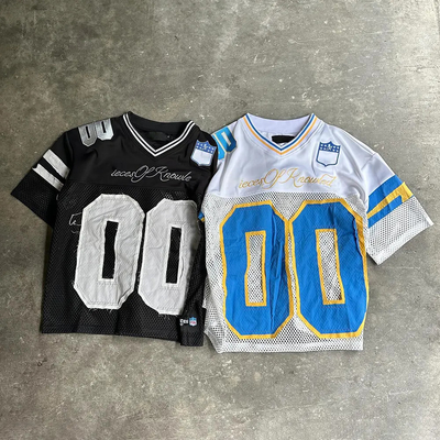 Beli Custom bordir Casual Sports Retro American Streetwear Pria Potong Polyester Mesh Sepakbola T-Shirt Kotak Sepakbola Jersey online manufacture