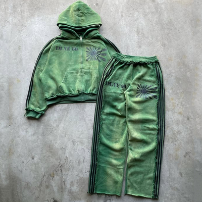 Beli Custom Vintage Acid Wash Reverse Stitch Double Hood Hoodies And Sweatpants Set Pria Sweatsuit Jogging Set Track Suit untuk Pria online manufacture