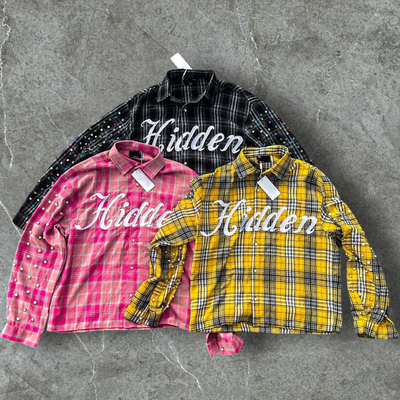 Beli Custom Musim Dingin Panas Kaos Plaid bordir lengan panjang oversized Diamond Acid Wash Rhinestone Button Up Flannel Kaos Pria online manufacture
