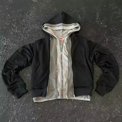 Beli Streetwear Zip Up Hoodie Collar Hooded OEM Custom Tiga Lapisan Hoodies untuk Pria online manufacture