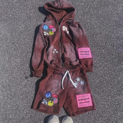 Beli Set Cotton Shorts dan Hoodie Ukuran Besar untuk Pria Warna Custom Screen Print Broder Sweatsuits online manufacture