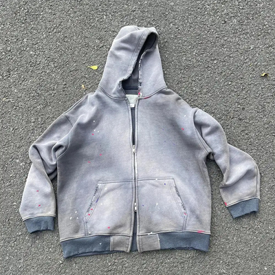Beli Custom Men Heavyweight Oversize Crop Boxy Zip Up Stone Acid Wash Distressed Hoodie Unisex Sun Fading Zipper Sweatshirt Vintage online manufacture