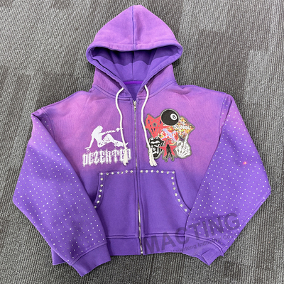 Beli Custom Streetwear Vintage Cuci Hoodies Matahari memudar Patchwork Dipotong Rhinestone kotak dipotong Zip Up Hoodie untuk Pria online manufacture