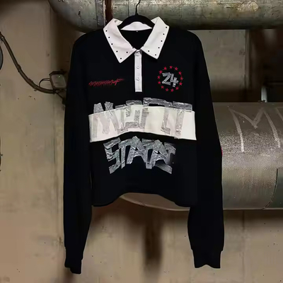 Beli Custom 2025 Streetwear Garis Button Up Collar Oversized Rhinestone Dtg Cetak Long Sleeve Rugby Polo Shirts untuk Pria online manufacture