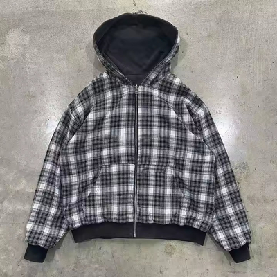 Beli Custom Acid Wash Bordir Flanel Bergaris Zip Up Hoodie Jaket Lapisan Ganda Reversibel Plaid Hoodie dalam 100% Katun online manufacture