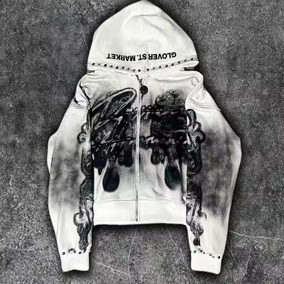 Beli Custom Dirty Washed Zipper Rhinestone Hoodie Pria Graphic Printed Logo Perancis Terry Streetwear Vintage Hoodie Miskin online manufacture