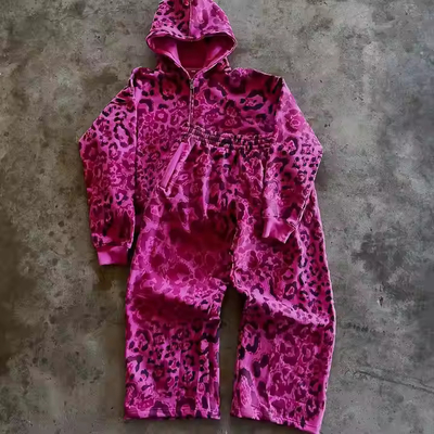 Beli Custom French Terry Tracksuits Leopard Print Zipper Sweatpants dan Hoodie Set Baggy Jogger Set Streetwear Pria 2 Piece Sets online manufacture