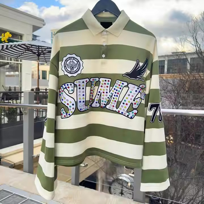 Beli Custom bordir Rugby Jersey Polo Warna Blok Rhinestone lengan panjang Boxy Fit Dipotong Dipakai Bergaris Polo Kaos untuk Pria online manufacture
