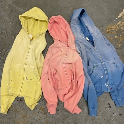 Beli Custom Sunwashed Lenyap Men Miskin Cotton Terry Heavyweight 420 Gsm Zip Up Rivet Dipotong Rhinestone Hoodie online manufacture