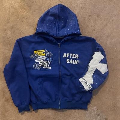 Beli Custom Musim Gugur Musim Dingin Kesulitan bordir Rhinestone Heavyweight 500 Gsm Perancis Terry Boxy Oversized Zip Up Hoodie online manufacture