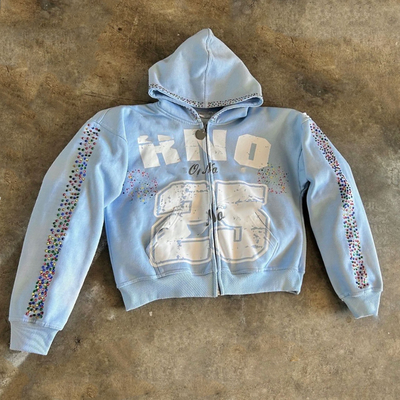 Beli Custom Wanita Pria Unisex 100% Katun Berat 500 Gsm Sutra Screen Printing Oversize Box Zip Up Rhinestone Hoodie online manufacture
