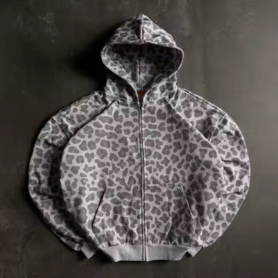 Beli Desain Custom Zipper Plus Size Boxed Cut Leopard Print Zip Up Vintage Cotton Terry Acid Wash Streetwear Hoodies untuk Pria online manufacture