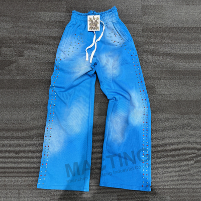 Beli Celana Jogger Berat Streetwear Musiman dalam Terry Katun Acid Wash dengan Hiasan Rhinestone Paku Keliling dan Bagian Depan Datar online manufacture
