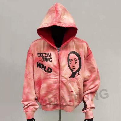 Beli Hoodie Pria Vintage Acid Wash Pudar dengan Kerudung Besar dan Ritsleting French Terry Streetwear online manufacture