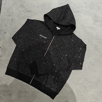 Beli Jaket Hoodie Zipper Besar Kustom 2025 100% Katun French Terry All Over Print Rhinestone Zip Up Hoodie untuk Pria online manufacture